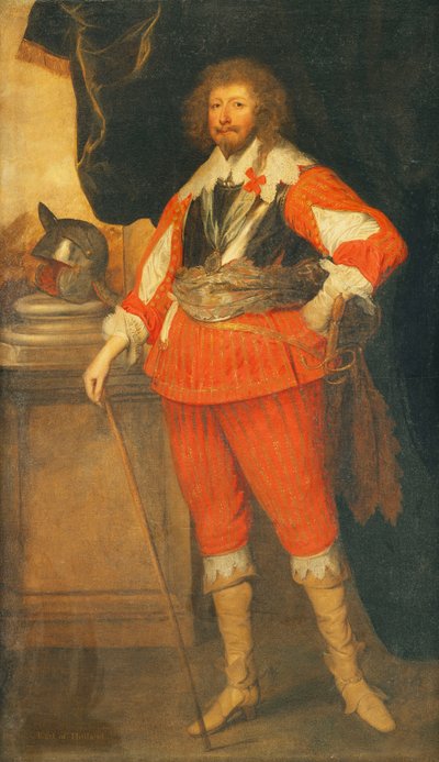 Portret van een Edelman, Verondersteld Henry Rich, 1e Graaf van Holland, Volledig, Dragend een Borstplaat, Sjerp en Zwaard, Zijn Hand Rustend op een Stok, een Helm op een Plint, Staand voor een Gedrapeerde Colonnade door Anthony van Dyck