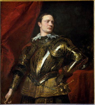 Portret van jonge generaal (of condottiere) met gouden harnas door Anthony van Dyck