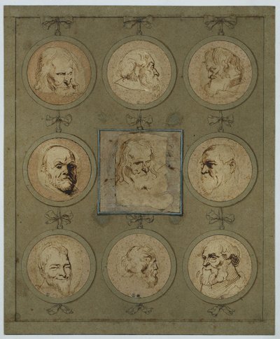 Verzamelblad met negen studiekoppen in medaillons door Anthony van Dyck