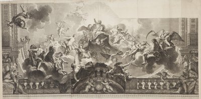 Ontwerp van het Centrale Paneel van het Plafond van de Grote Galerij van het Palais Royal, gegraveerd door Nicolas Henri Tardieu (1674-1749) door Antoine (after) Coypel