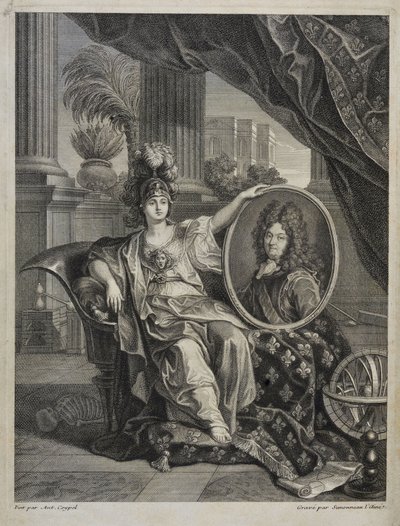Lodewijk XIV, koning van Frankrijk, beschermer van de wetenschappen - gravure door Antoine Coypel Geschiedenis van de Koninklijke Academie van Wetenschappen, jaar 1703 door Antoine (after) Coypel