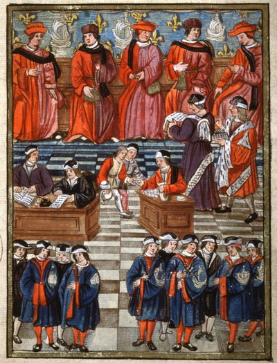 De provoost en de schepenen van de stad Parijs, inning van de belasting door Antoine (attr. to) Verard