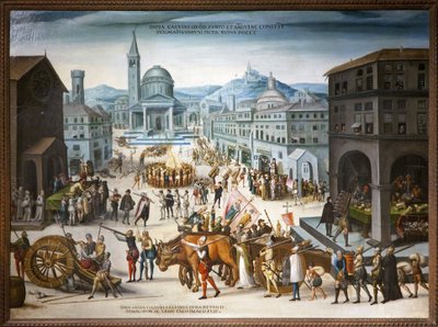 Plundering van Lyon door de Calvinisten in 1562. Protestantse beeldenstorm tegen de religieuze beelden van de Katholieke Kerk. Tijdens de eerste godsdienstoorlog namen hervormers onder leiding van Baron des Adrets het Stadhuis en de vitale centra van de st door Antoine (school of) Caron