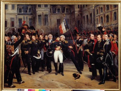 Abdicatie van 1814 - Het afscheid van Napoleon Bonaparte (1769-1821) van de keizerlijke garde op de binnenplaats van het Cheval Blanc in Fontainebleau op 20/04/1814 door Antoine Alphonse Montfort