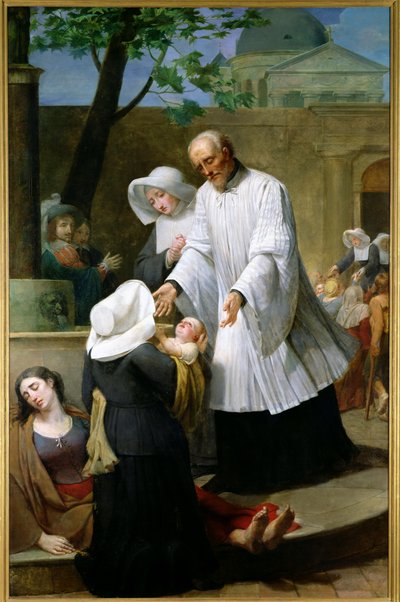 Sint Vincentius de Paul helpt de pestlijders door Antoine Ansiaux
