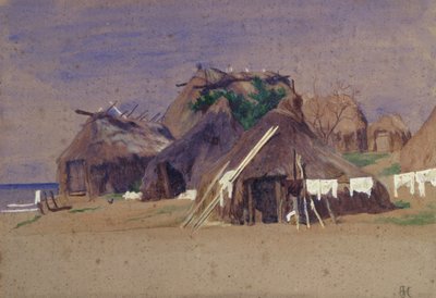 Vissershutten aan de kust door Antoine Auguste Ernest Herbert or Hebert