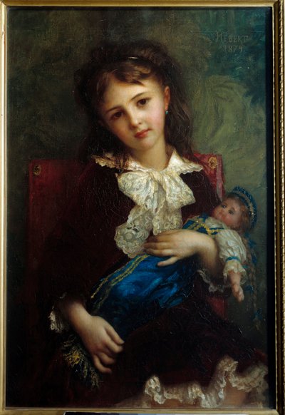 Portret van Catherine de Bouchage als kind met een pop in haar armen door Antoine Auguste Ernest Herbert or Hebert