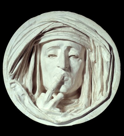Stilte Een symbolisch gebaar van een man die een vinger op zijn mond legt. Gipsbeeldhouwwerk door Auguste Preault (1809-1879) 19e eeuw Parijs, Louvre Museum door Antoine Augustin Preault