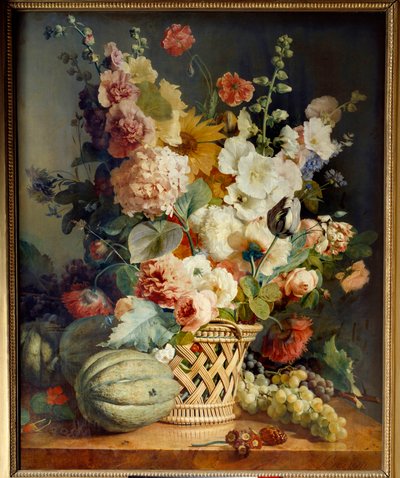 Bloemen en fruit in een rieten mand door Antoine Berjon