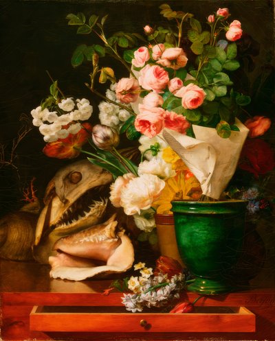 Stilleven met bloemen, schelpen, haaienkop door Antoine Berjon