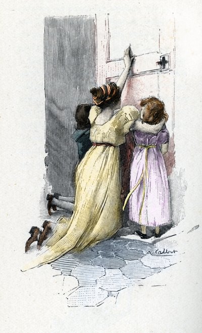 Josephine de Beauharnais huilt met haar kinderen Hortense en Eugene bij de deur van de kamer van Napoleon Bonaparte (1769-1821) door Antoine Calbet