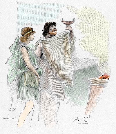 Odyssee van Homerus: Pisistratus, zoon van Nestor, biedt Telemachus een beker wijn aan in Pylos Illustratie door Antoine Calbet voor 