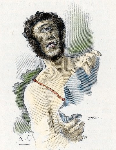Odyssee van Homerus: De Cycloop Polyphemus. Illustratie door Antoine Calbet (1860-1944) voor de Odyssee van de Griekse dichter Homerus, 1897, privécollectie door Antoine Calbet