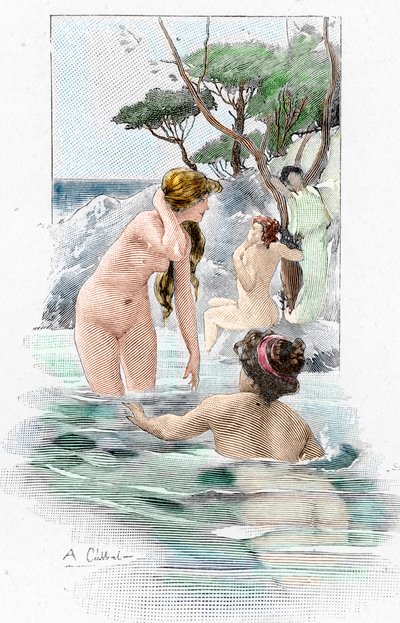 Odyssee van Homerus: Nausicaa, dochter van koning Alcinous, en haar dienstmaagden wassen hun kleren in de rivier. Illustratie door Antoine Calbet (1860-1944) voor de Odyssee van de Griekse dichter Homerus, 1897, privécollectie door Antoine Calbet