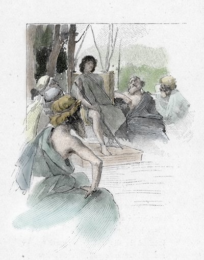 Odyssee van Homerus: Telemachus roept een vergadering van oude Grieken bijeen en luistert naar de toespraak van Egyptios wiens zoon Antiphus met Odysseus vertrok door Antoine Calbet