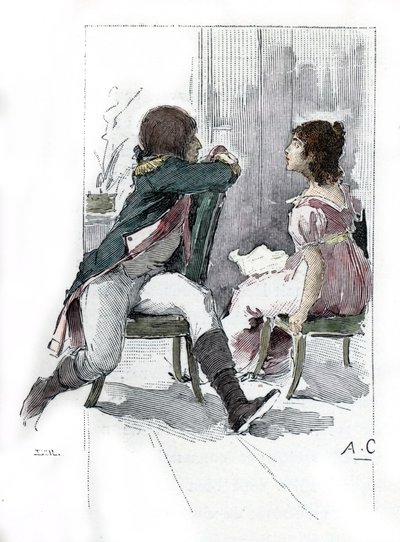 Portret van Napoleon Bonaparte (1769-1821) met zijn verloofde Desiree Clary (1777-1860) c. april 1795 (Tekening door Antoine Calbet uit 
