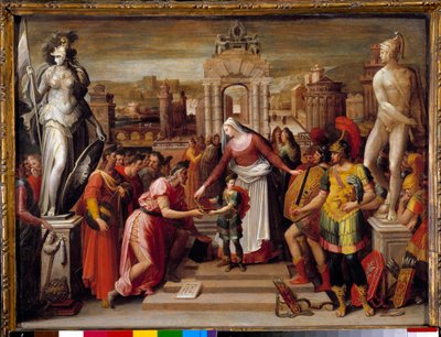 Geschiedenis van koningin Artemise I van Halicarnasse: De overhandiging van het boek en het zwaard door Antoine Caron