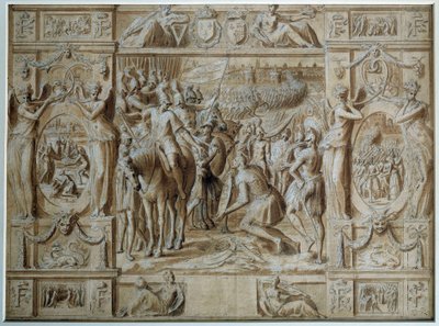 De Onderwerping van Milaan De troepen van Francois I namen de stad Milaan in na de overwinning in de Slag bij Marignan in 1515. Tekening in pen en wassing door Antoine Caron (1521-1599) 16e eeuw Parijs, Louvre Museum door Antoine Caron