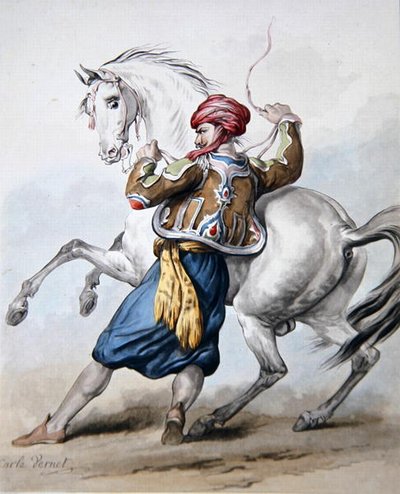 Een Pers probeert een Frans paard te overmeesteren door Antoine Charles Horace Vernet