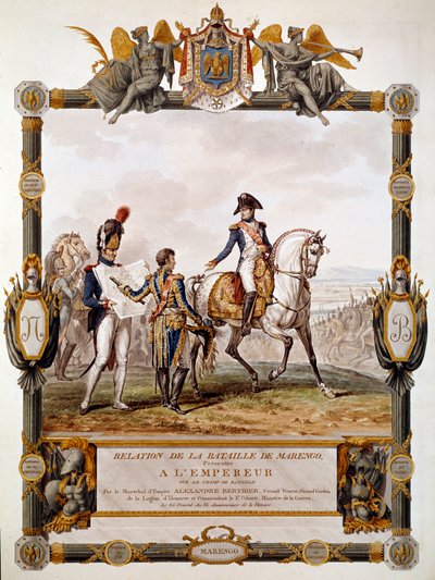 Frontispice van het verslag van de Slag bij Marengo op 14 juni 1800: Maarschalk Berthier toont de strijdstrategie aan Napoleon I door Antoine Charles Horace Vernet
