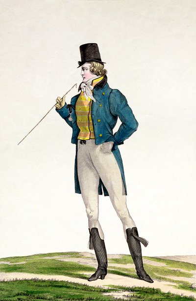 Een Dandy in een Robinson hoed, met kinderlijke krullen, gebreide broek en rijlaarzen, plaat 5 in de Incroyable et merveilleuse serie modeplaten door Antoine Charles Horace Vernet