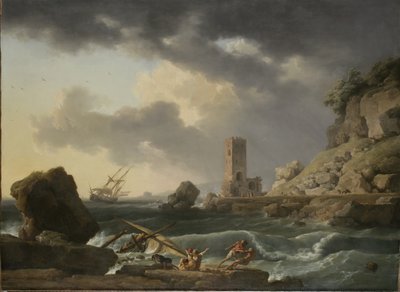 Rotsachtige kustlandschap met schipbreuk door Antoine Charles Horace Vernet