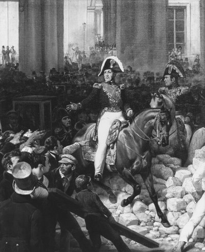 De hertog van Orleans verlaat het Palais-Royal en gaat naar het Hotel de Ville op 31 juli 1830, 1832 (detail) door Antoine Charles Horace Vernet