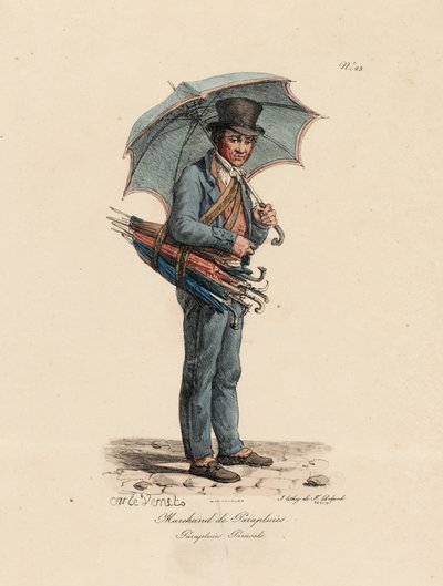 De Paraplu- en Parasolverkoper, nummer 23 uit de serie De Kreten van Parijs, gegraveerd door Francois Seraphin Delpech (1778-1825) door Antoine Charles Horace Vernet