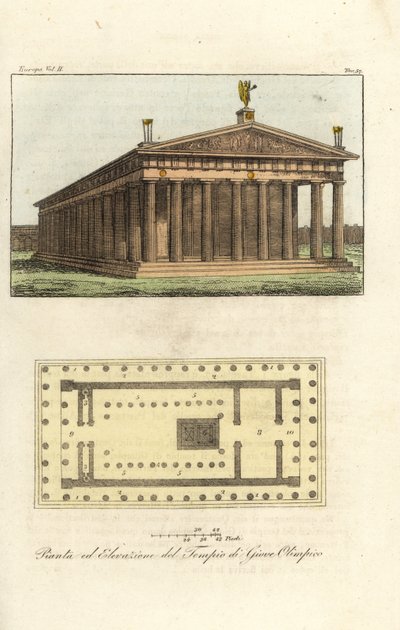 Opstand en plan van de Tempel van Zeus of Jupiter op de berg Olympus door Antoine Chrysostome Quatremère de Quincy
