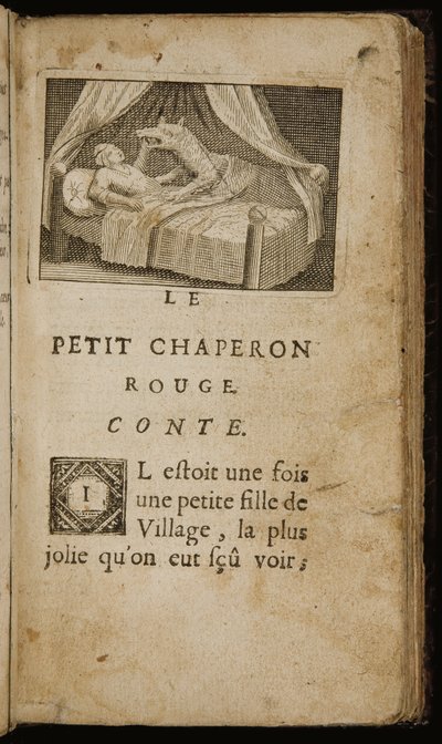 "Het Verhaal van Roodkapje", pagina uit "Verhalen of Sprookjes van het Verleden. Met Moraliteiten" door Charles Perrault, Parijs: Claude Barbin, 1697 door Antoine Clouzier