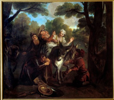 Don Quichot wordt bedrogen door Sancho die een boer voor Dulcinea aanziet. De vernuftige edelman Don Quichot van La Mancha door Miguel de Cervantes Saavedra door Antoine Coypel