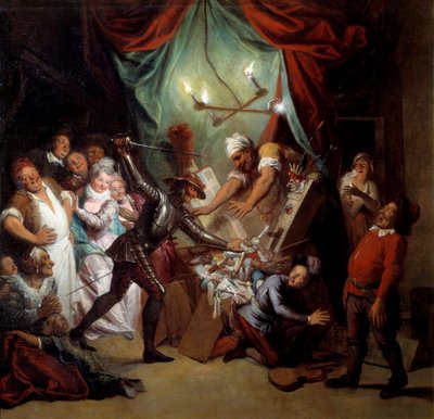 Don Quichot vernietigt de poppen die hij denkt dat Moren zijn. 