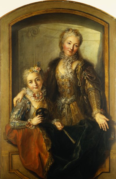 Portret van Madame Dupille en Haar Dochter, Halflang, Gekleed in Baljurken in een Venster, 1733 door Antoine Coypel