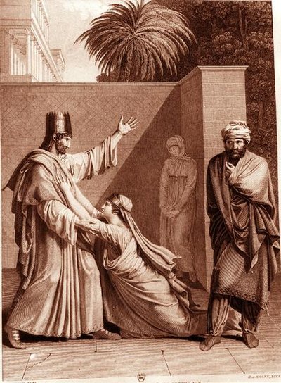 Esther Smeekt Assuerus in de Aanwezigheid van Aman, illustratie uit 