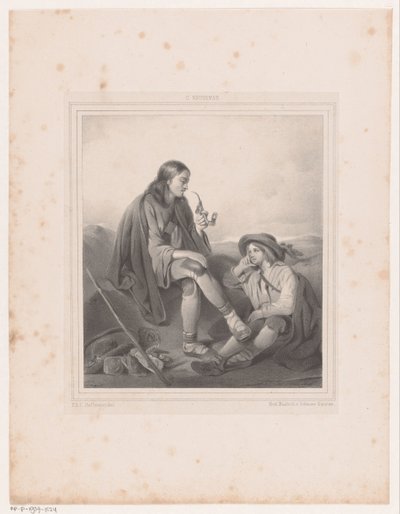 Pijprokende man en jongen in landschap door Antoine Franciscus Cornelis Hoffmann