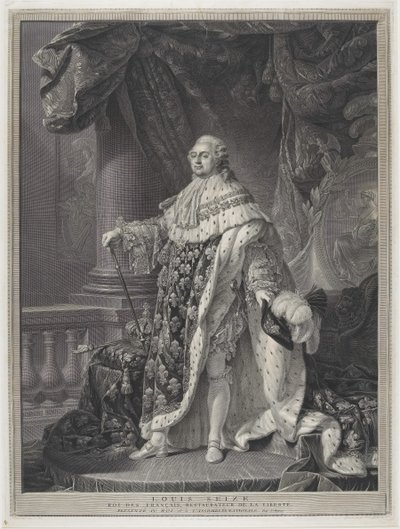 Le Sacre - Portret van Koning Lodewijk XVI in kroningsregalia (gegraveerd door Charles-Clément Bervic) door Antoine Francois (after) Callet