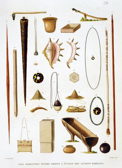 Huishoudelijke gebruiksvoorwerpen en wapens van de Mariannas Eilanden, uit Voyage autour du Monde (1817-20), door Louis Claude Desaulses de Freycinet (1779-1842) gegraveerd door Jean Louis Denis Coutant (1776-1831), p door Antoine Germain Bevalet