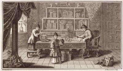 Een Chinese kalligrafiewinkel, uit een verslag van de Nederlandse ambassade in China, gegraveerd door A. Maisonneuve, ca. 1670s door Antoine Humblot