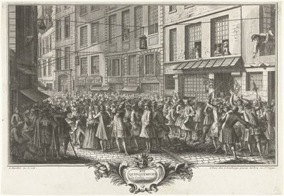 De Rue Quinquempoix, 1720 (Het Groote Tafereel der Dwaasheid) door Antoine Humblot