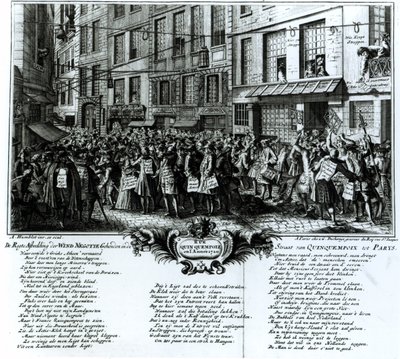 Rue Quinquempoix in 1720 door Antoine Humblot