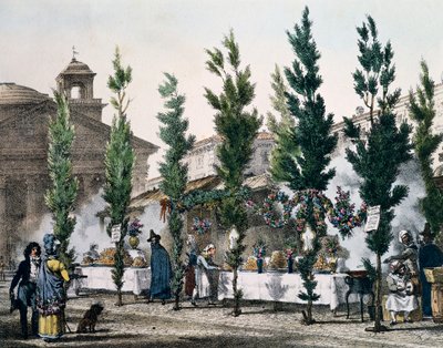 Voedselverkopers bij het Pantheon tijdens het feest van St. Joseph, gravure door Antoine Jean-Baptiste Thomas (1791-1834) uit Un an a Rome et dans ses environs, Frankrijk door Antoine Jean Baptiste Thomas