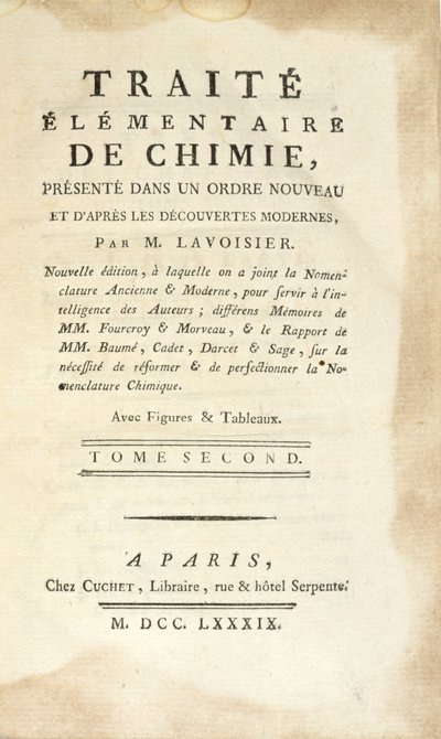 Titelpagina van Traité Élémentaire de Chimie, Tome II, gepubliceerd in Parijs, 1789 door Antoine Laurent de Lavoisier