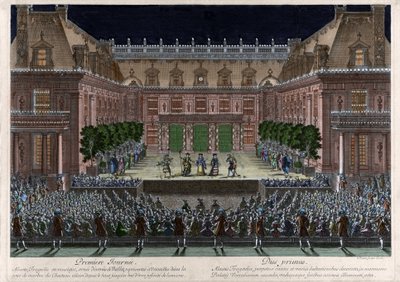 Voorstelling, in de marmeren binnenplaats van het kasteel van Versailles, van 