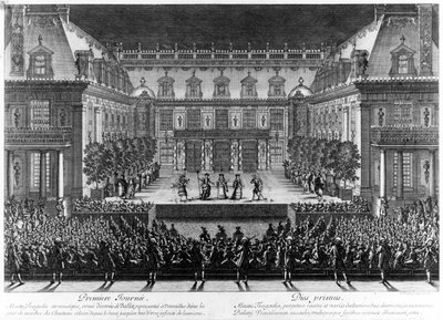 Voorstelling, in de marmeren binnenplaats van het kasteel van Versailles, van "Alceste" door Jean Baptiste Lully (Giovanni Battista Lulli) (1632-1687) voor de vieringen ter gelegenheid van de herleving van de Franche Comté (1674). Gravure door Le Pautre door Antoine Le Pautre