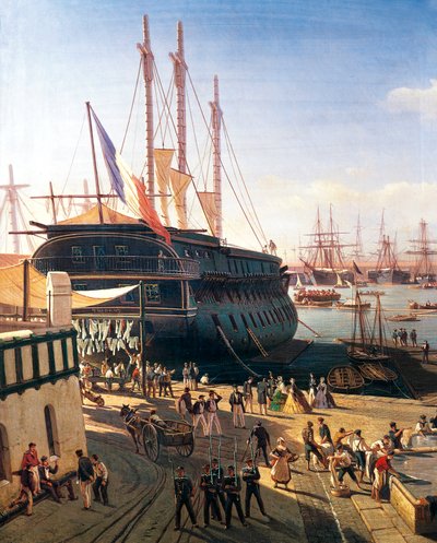 Koopvaardijschip in de haven van Toulon door Antoine Leon Morel Fatio