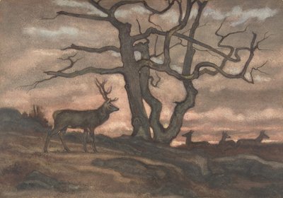 Hert en boom tegen zonsondergang, 1810-1875 door Antoine Louis Barye