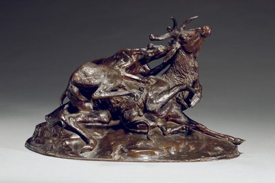 Hert neergehaald door twee windhonden door Antoine Louis Barye