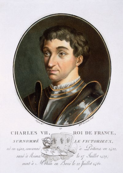 Karel VII, uit Portraits des grands hommes, femmes illustres, et sujets mémorables de France, gegraveerd en gedrukt in kleuren, uitgegeven door Pierre Blin, 1786-92, Parijs door Antoine Louis Francois Sergent Marceau