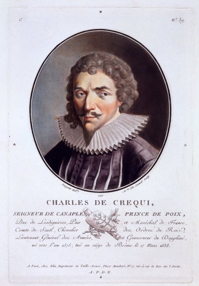 Charles de Crequi, uit Portretten van grote mannen, beroemde vrouwen en gedenkwaardige onderwerpen van Frankrijk, gegraveerd en gedrukt in kleuren, uitgegeven door Pierre Blin, 1786-92, Parijs door Antoine Louis Francois Sergent Marceau
