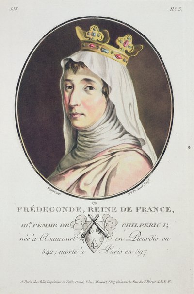 Fredegonde, koningin van de Franken, uit Portraits des Grands Hommes, femmes illustres, et sujets memorables de France, grave et imprimes en couleurs, gepubliceerd door Pierre Blin, 1786-92, Parijs door Antoine Louis Francois Sergent Marceau
